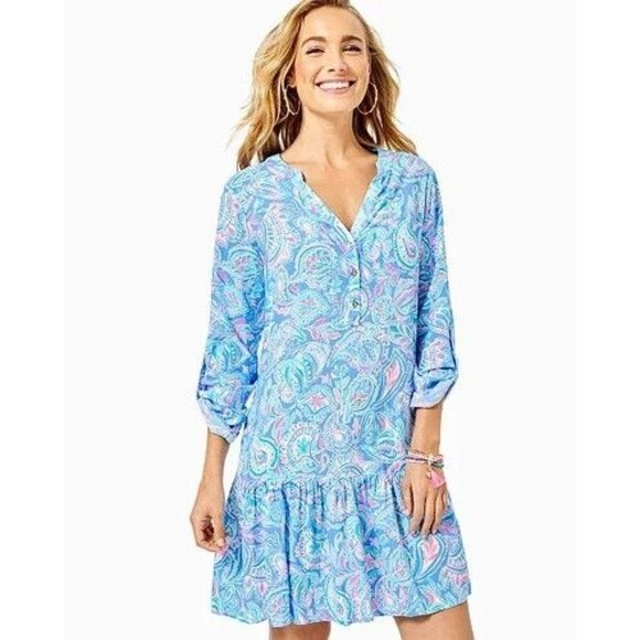 Lilly Pulitzer Dresses & Skirts - Lilly Pulitzer Charlee Tunic Dress Zanzibar Blue Fish Kiss S paisley beach vaca
